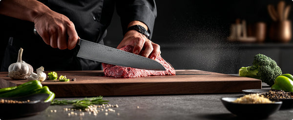 A chef slicing raw meat with a Damascus steel DACOBI knife on a wooden board
