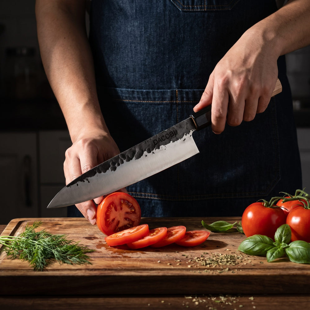 Professional Tsuchime Gyuto knife in use in the kitchen