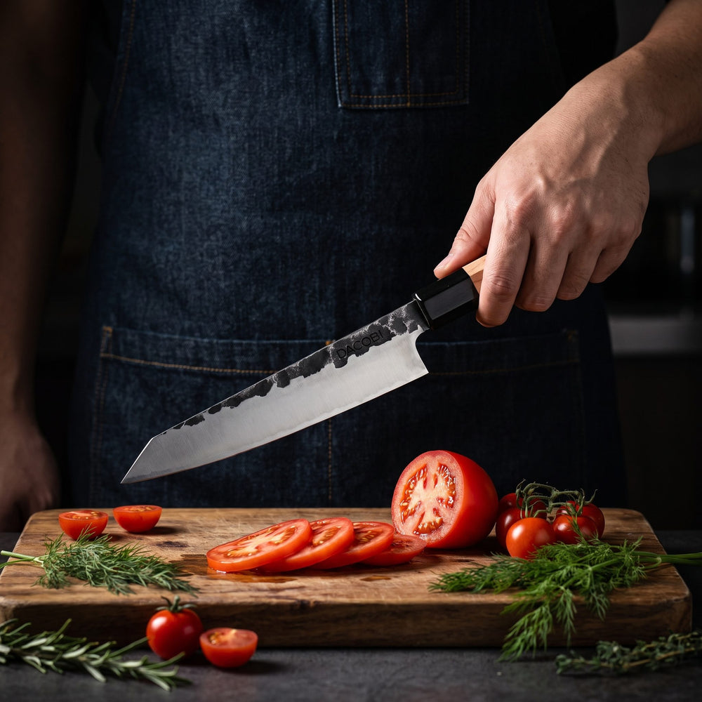 Professional Tsuchime Honesuki knife in use in the kitchen