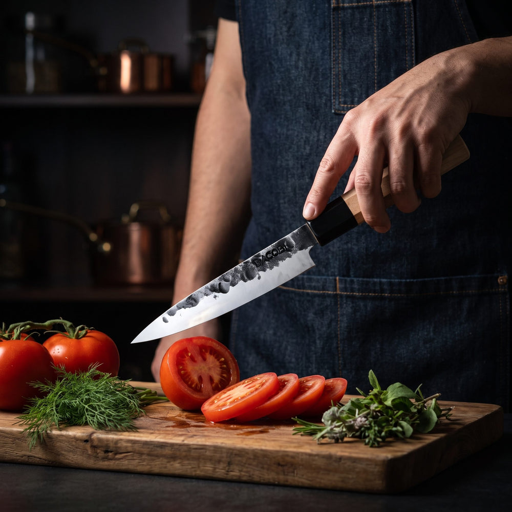 Professional Tsuchime utility knife in use in the kitchen