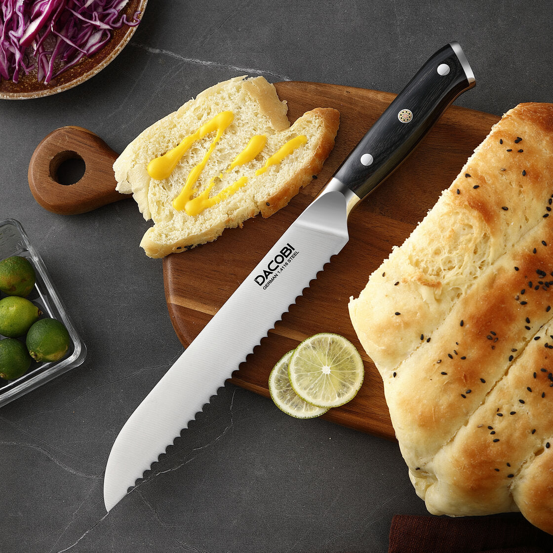 Cuchillo de pan, acero alemán, mango de madera de pakka, 20 cm (C52)