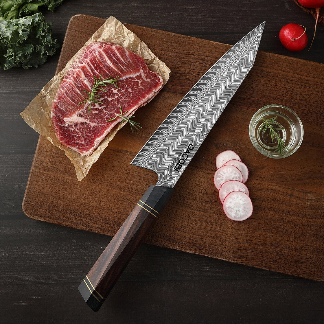 Cuchillo profesional Kiritsuke, acero de Damasco, mango de madera de hierro, 21,5 cm (C54)