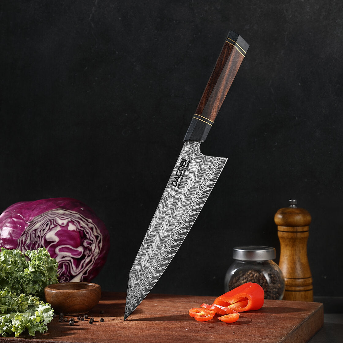Cuchillo profesional Kiritsuke, acero de Damasco, mango de madera de hierro, 21,5 cm (C54)