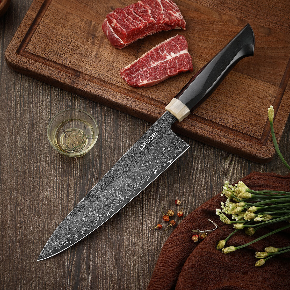 Cuchillo de chef, mango ergonómico de ébano, acero de Damasco, 20 cm (C59)