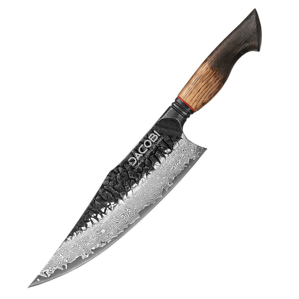 Couteau de chef, manche ergonomique en chêne brûlé, acier Damas, 22 cm (C61)
