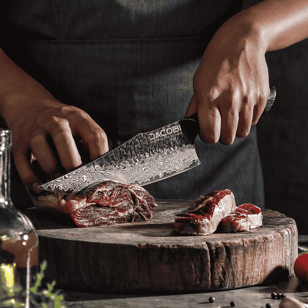 Couteau de chef, manche ergonomique en chêne brûlé, acier Damas, 22 cm (C61)