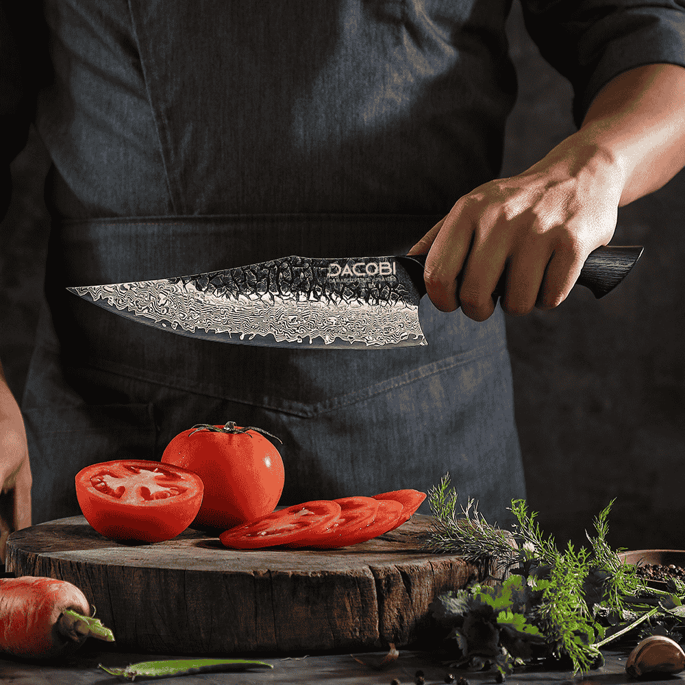 Couteau de chef, manche ergonomique en chêne brûlé, acier Damas, 22 cm (C61)
