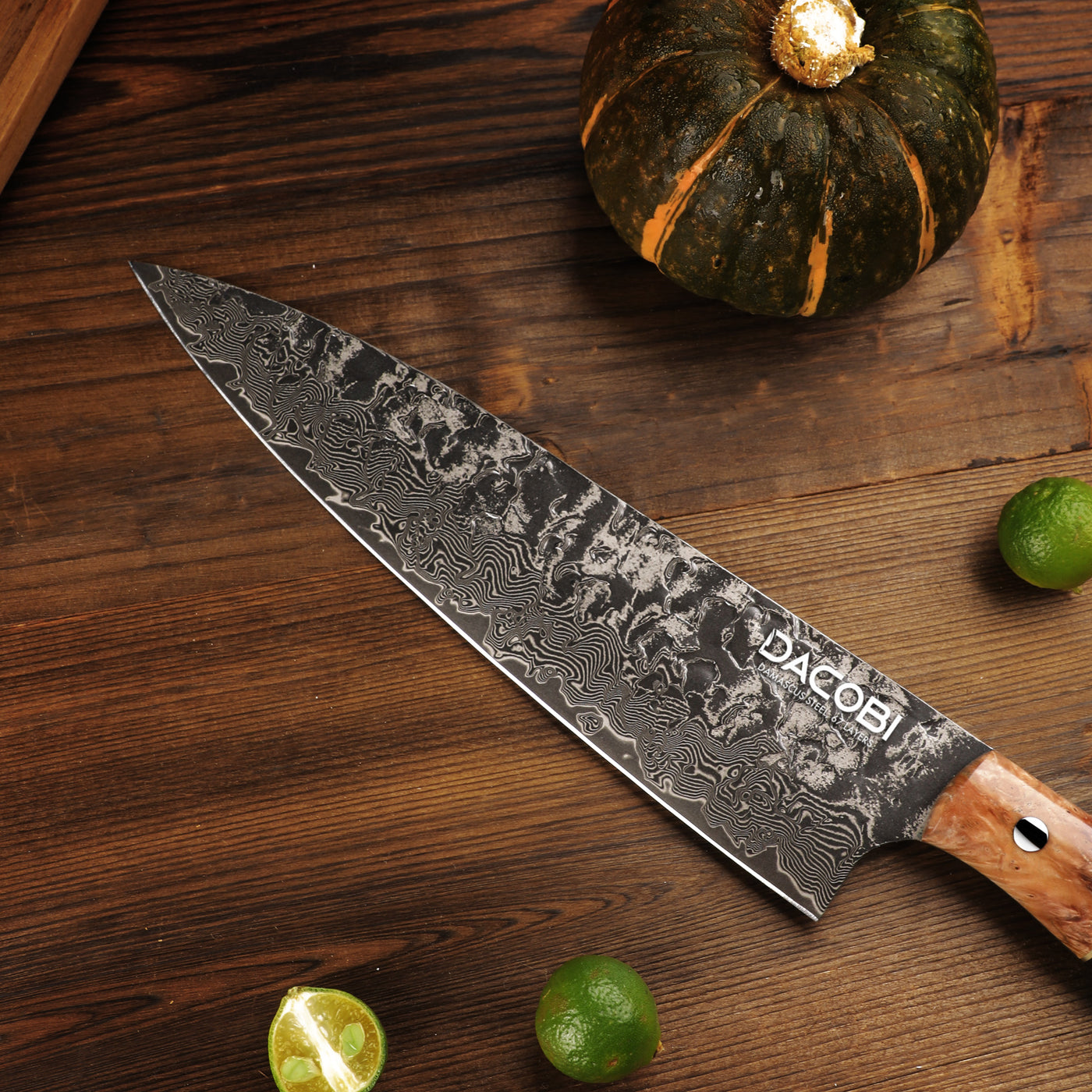 Chef's Knife, ergonomic solidified maple wood handle, damascus steel, 21.6 cm (C67)