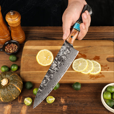 Chef's Knife, ergonomic solidified maple wood handle, damascus steel, 21.6 cm (C67)