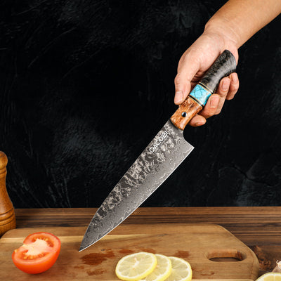 Chef's Knife, ergonomic solidified maple wood handle, damascus steel, 21.6 cm (C67)