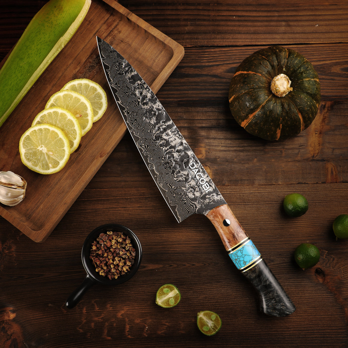 Chef's Knife, ergonomic solidified maple wood handle, damascus steel, 21.6 cm (C67)