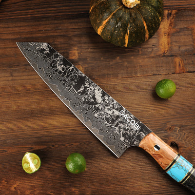 Kiritsuke professional knife, Damascus steel, solidified maple wood handle, 20.6 cm (C68)