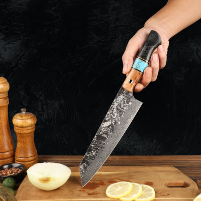 Kiritsuke professional knife, Damascus steel, solidified maple wood handle, 20.6 cm (C68)