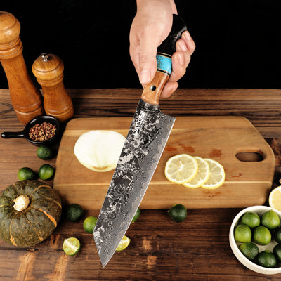 Kiritsuke professional knife, Damascus steel, solidified maple wood handle, 20.6 cm (C68)