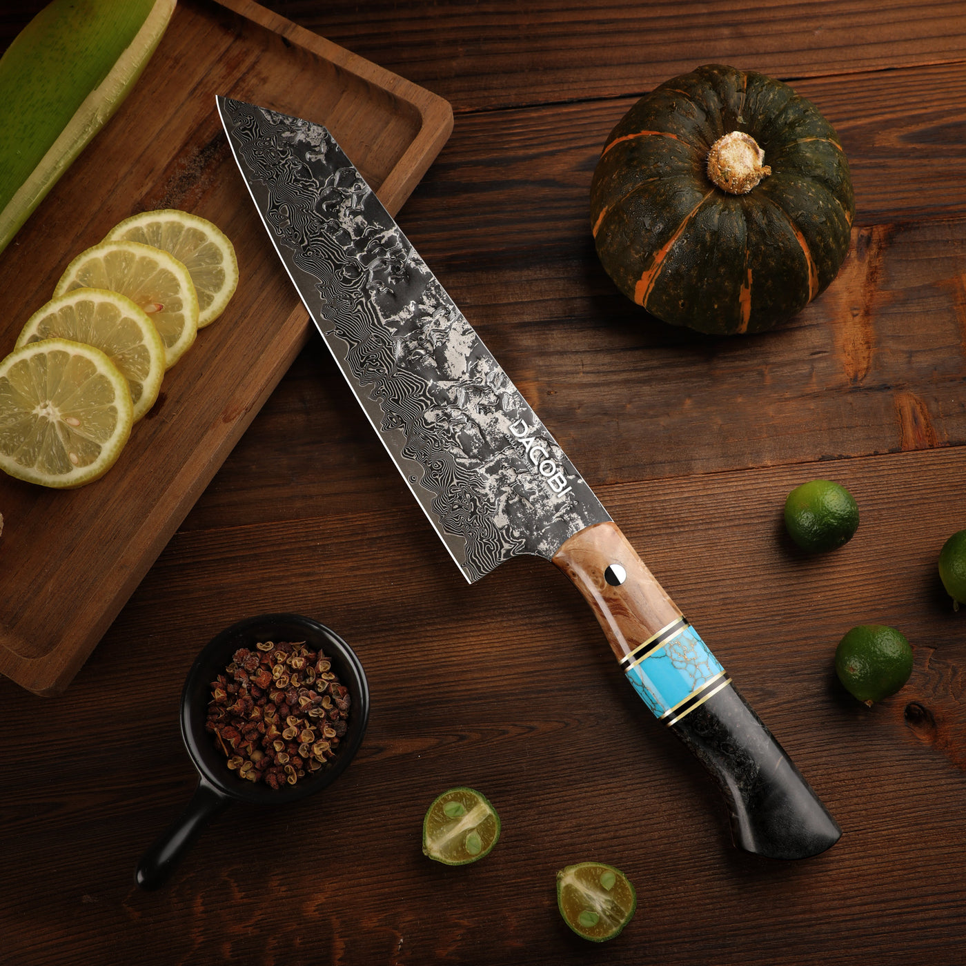 Kiritsuke professional knife, Damascus steel, solidified maple wood handle, 20.6 cm (C68)