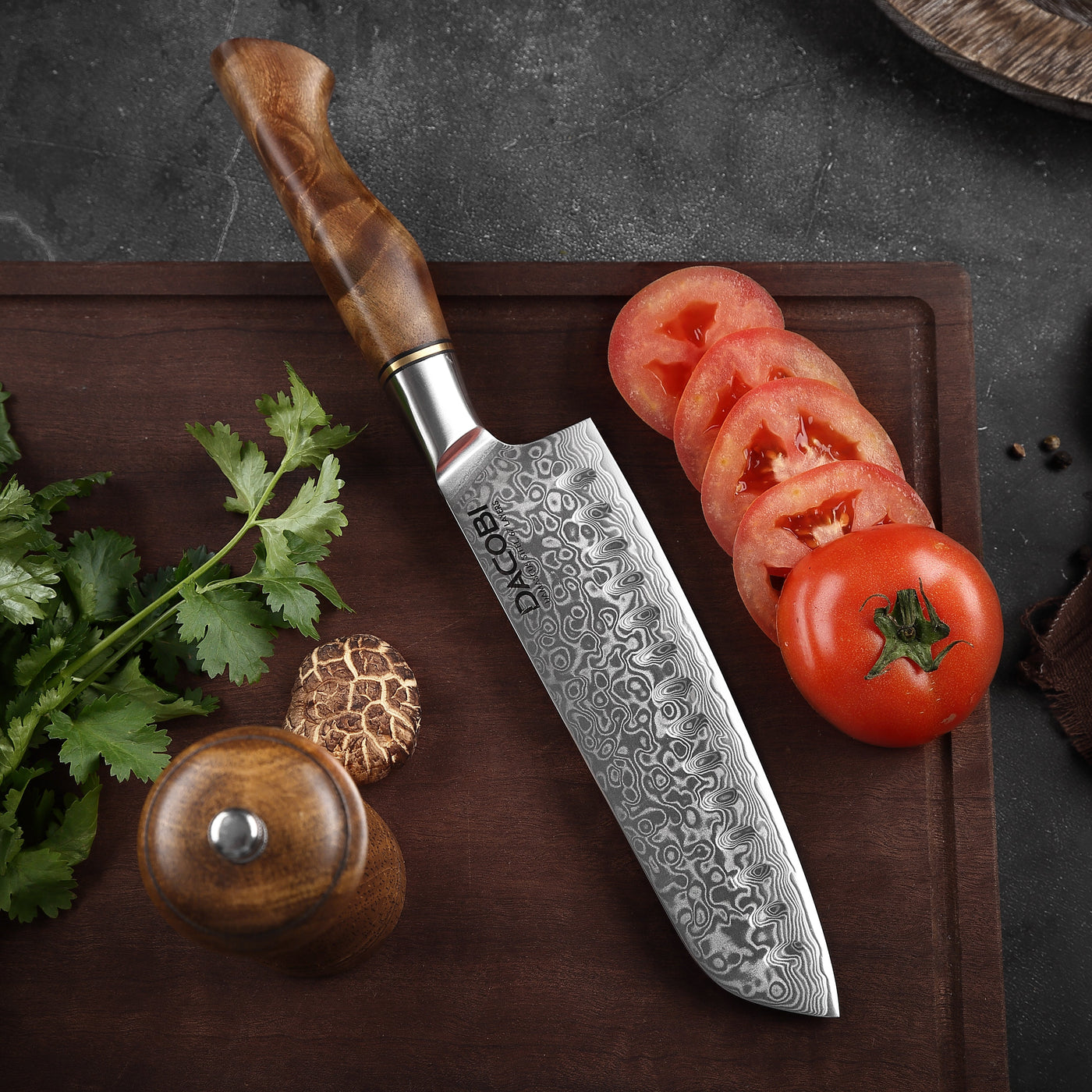 Cuțit Santoku, mâner ergonomic Sycamore Wood, oțel damasc, 18 cm (C33) - DACOBI.ro