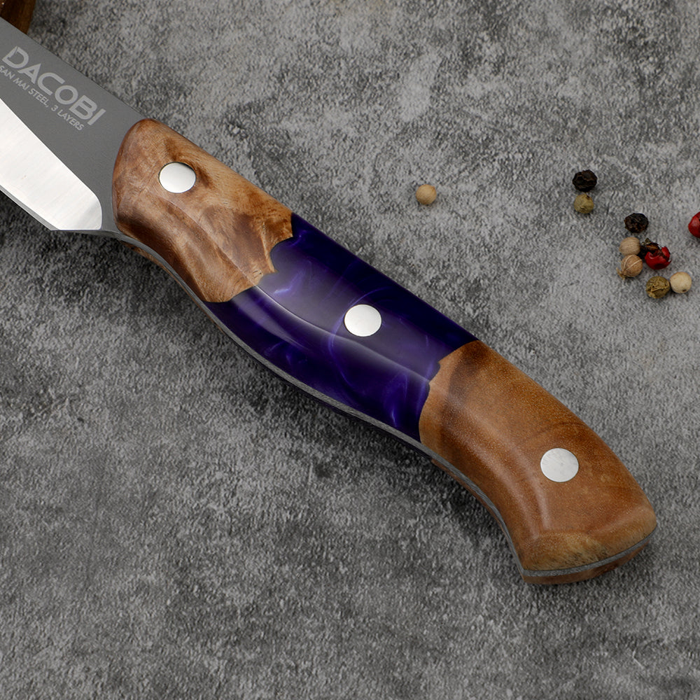 Schälmesser, San Mai, Griff aus farbigem Harz, 9 cm, (C58)