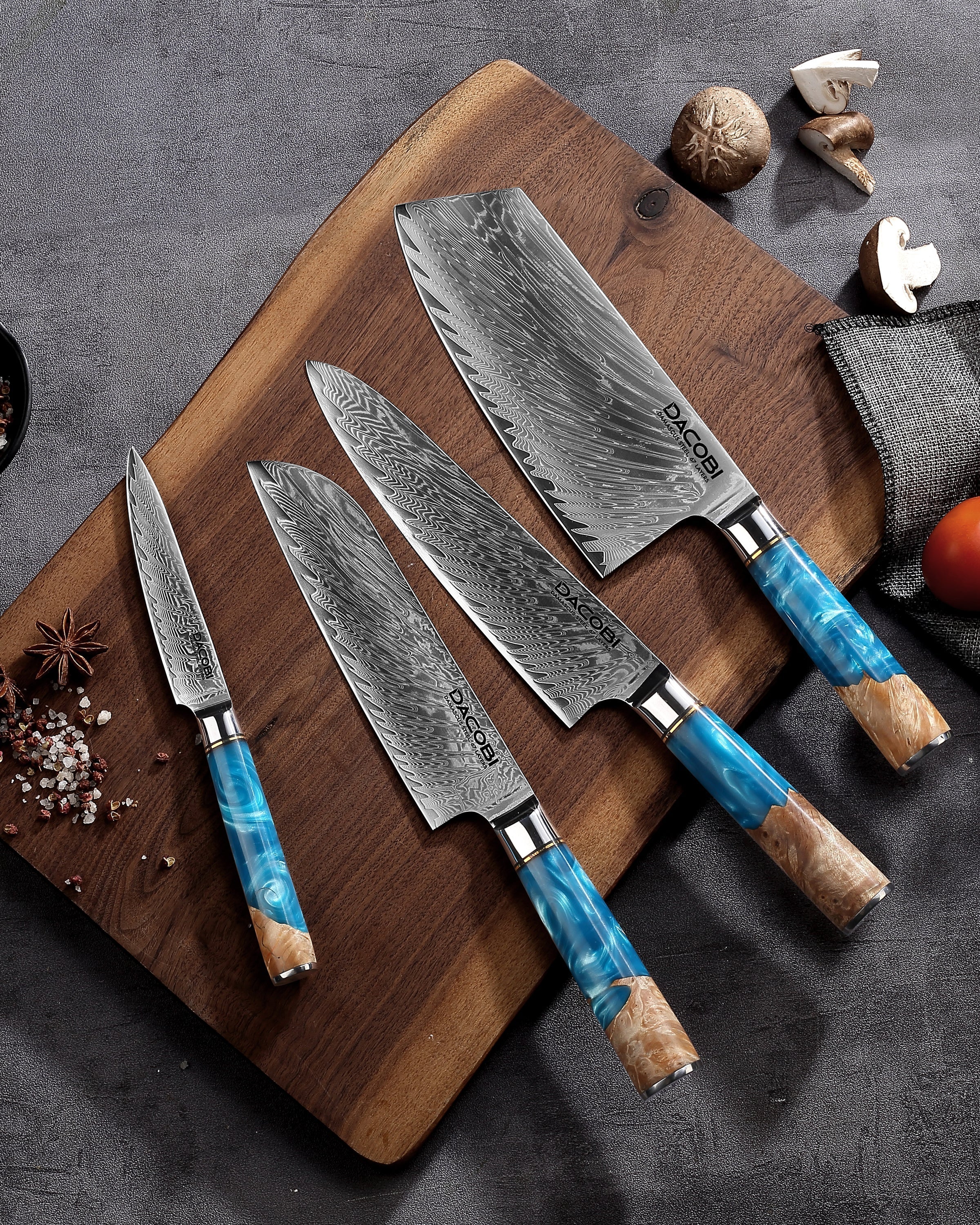 Gift for your wife, DACOBI damascus steel knives with blue handles on a walnut board