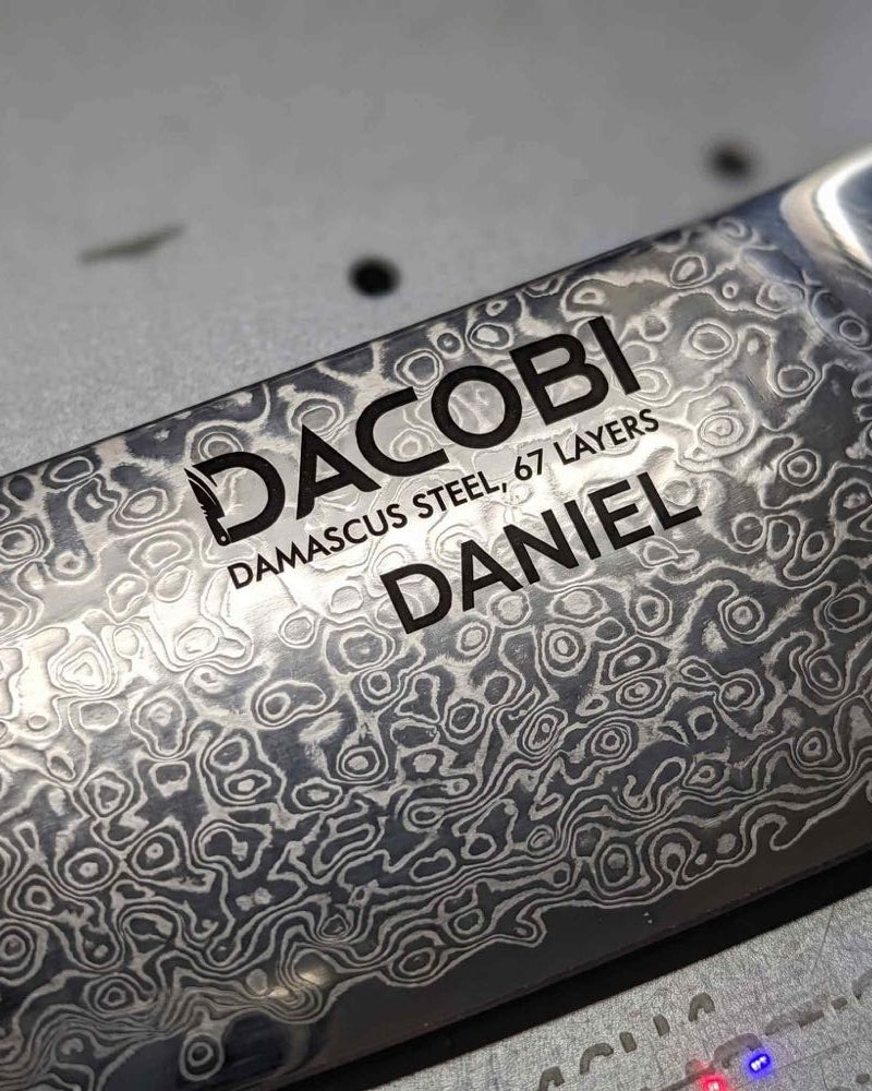 Personalised gifts for men, a name laser engraved on a DACOBI damascus steel blade