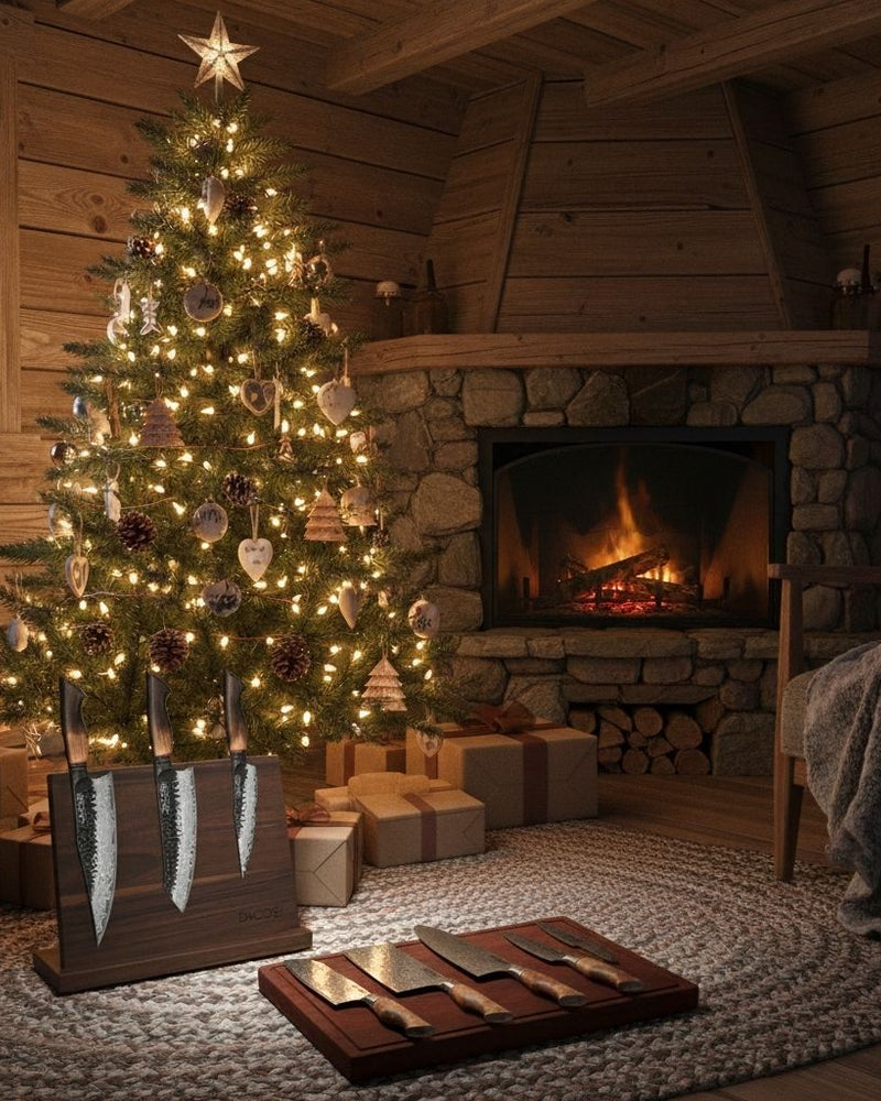 Personalised Christmas gifts, DACOBI knives beside the decorated tree and wrapped presents