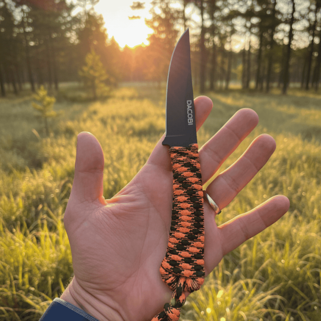 DACOBI Black Goat personalised hunting knife held in the hand, outdoors