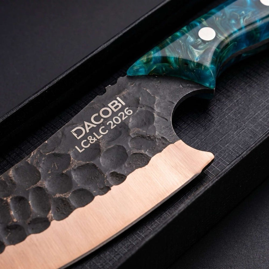 DACOBI blade with the initials LC&LC and the year 2026 laser-engraved
