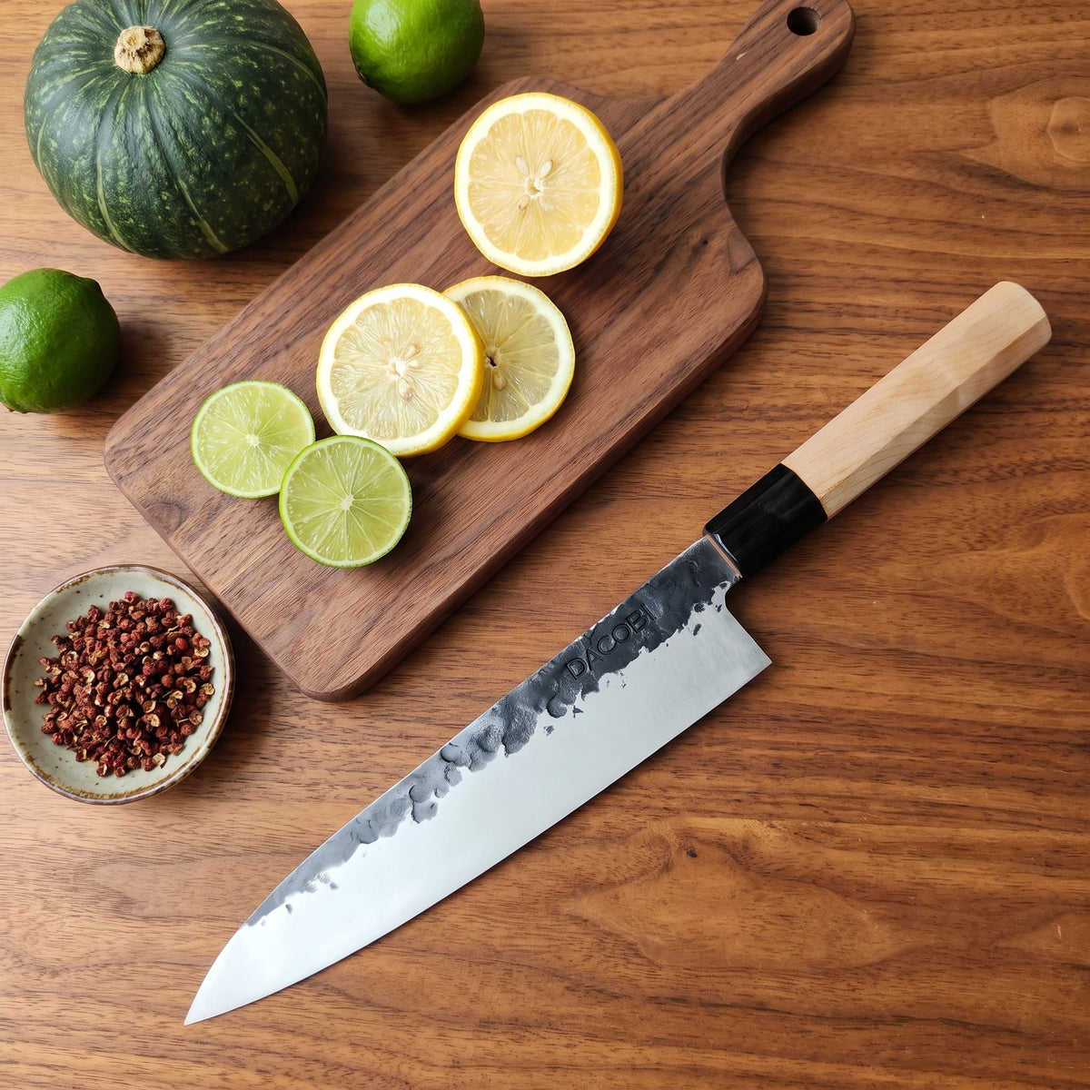 14C28N steel blade detail on the Tsuchime Gyuto knife