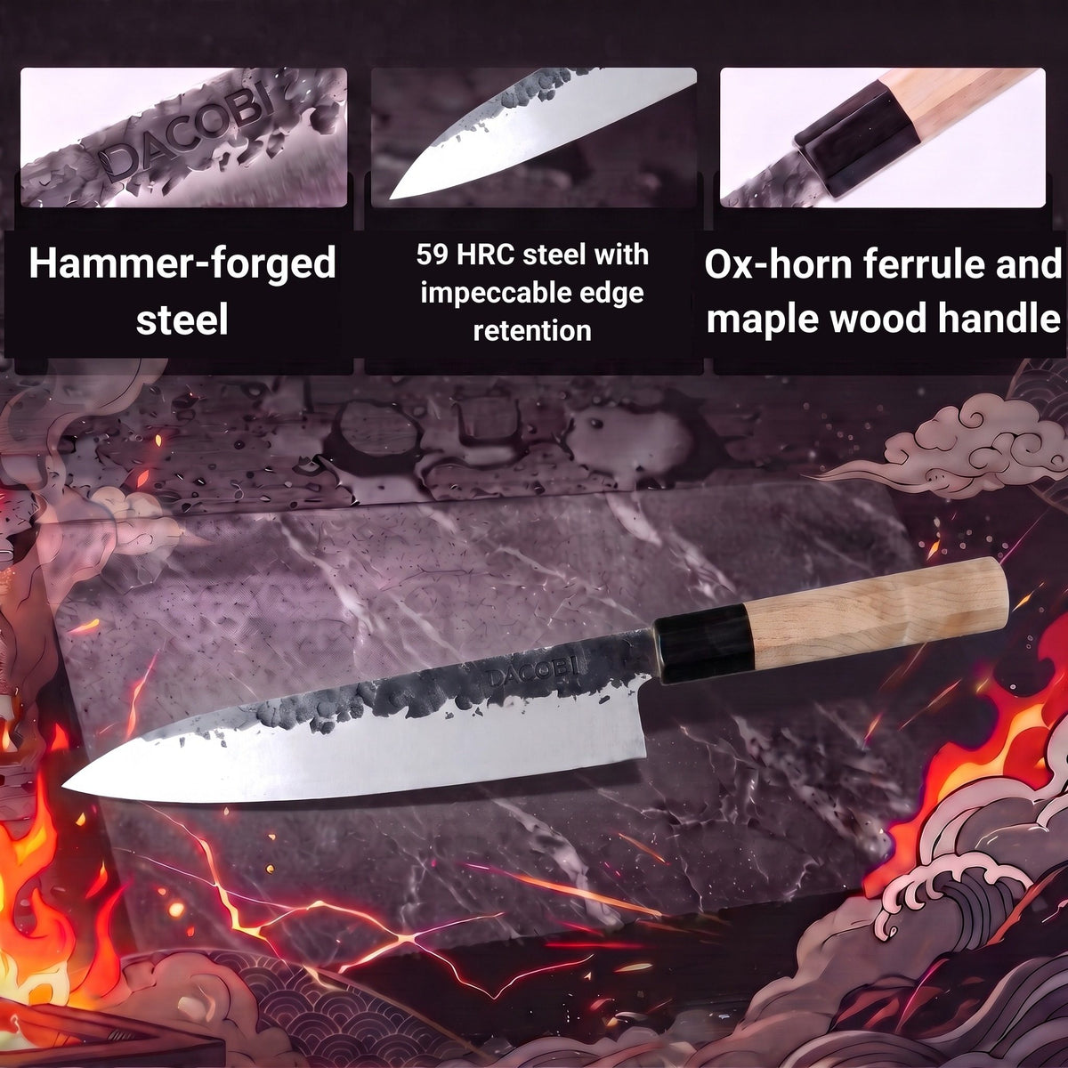 Infographic with the features of the Tsuchime Gyuto knife