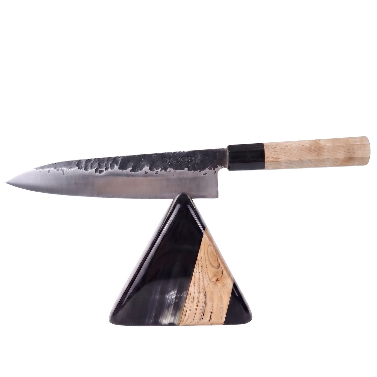 Professional Tsuchime Gyuto knife on a stand