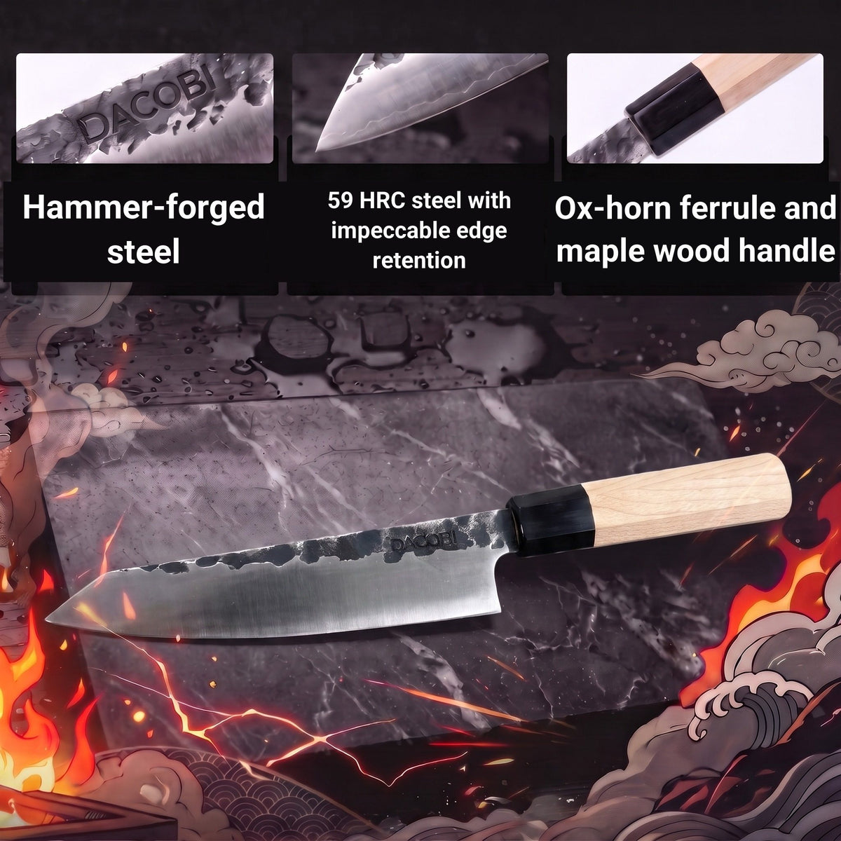 Infographic with the features of the Tsuchime Honesuki knife