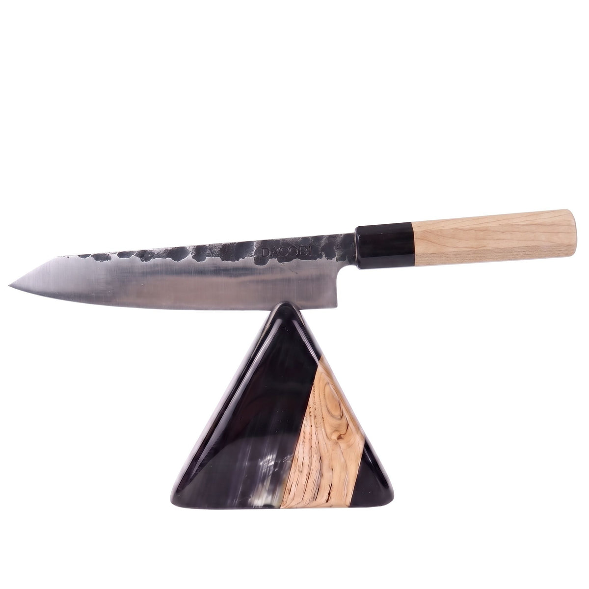 Professional Tsuchime Honesuki knife on a stand