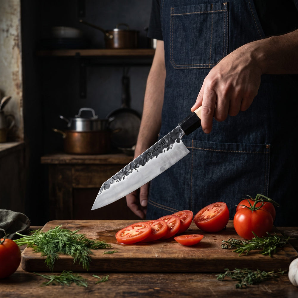 Professional Tsuchime Kiritsuke knife in use in the kitchen