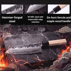 Infographic with the features of the Tsuchime Kiritsuke knife