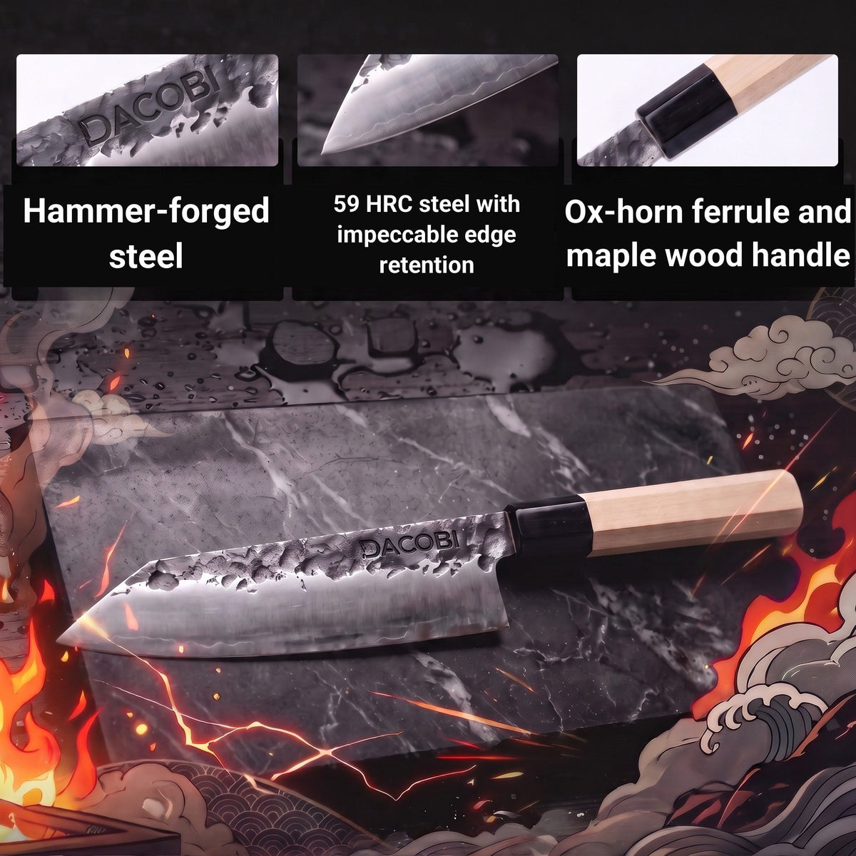 Infographic with the features of the Tsuchime Kiritsuke knife