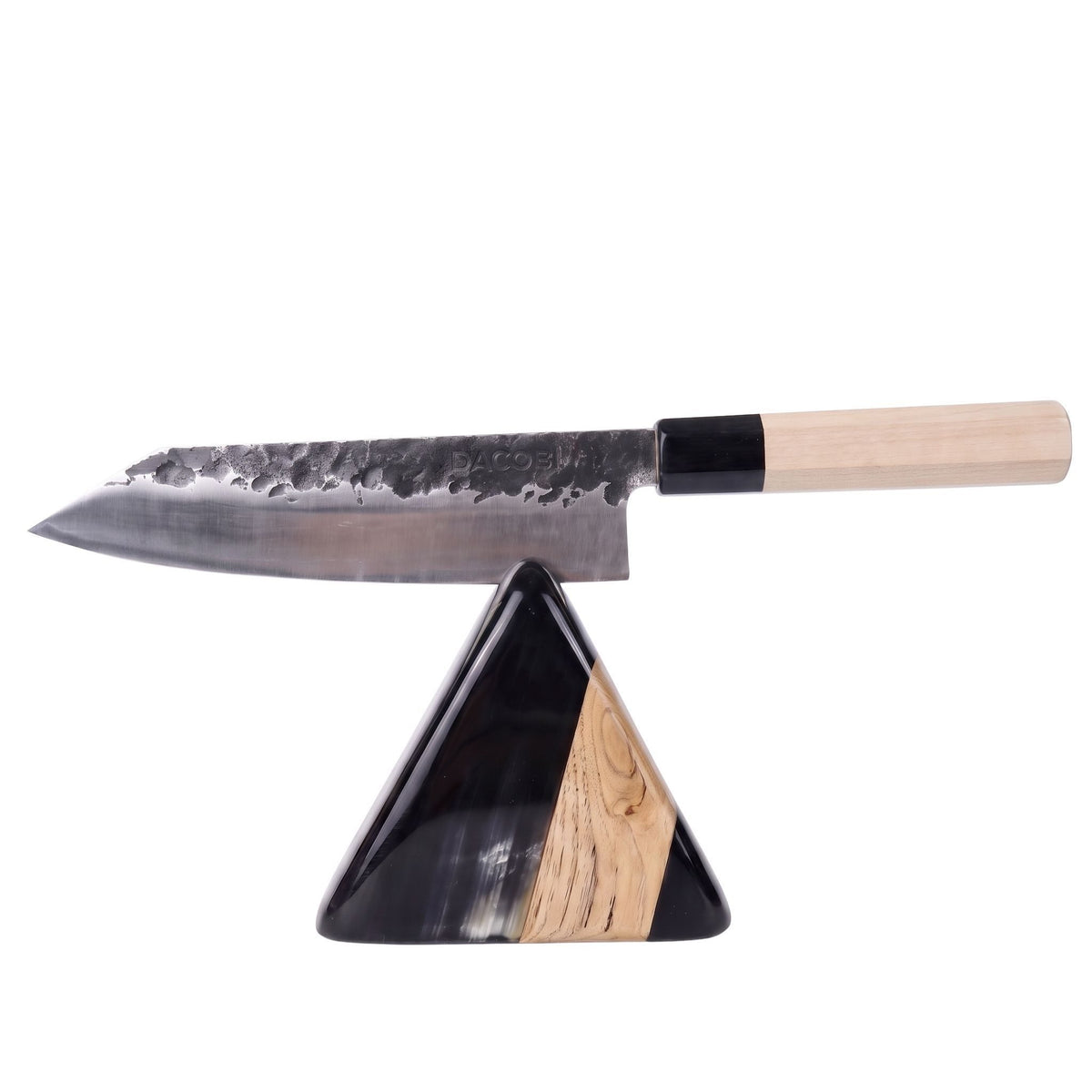 Professional Tsuchime Kiritsuke knife on a stand