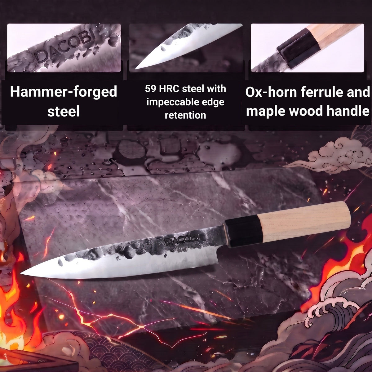 Infographic with the features of the Tsuchime utility knife